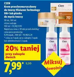 Lidl CIEN Krem przeciwzmarszczkowy do twarzy Hialuron Technology HA+ lub pianka do mycia twarzy oferta