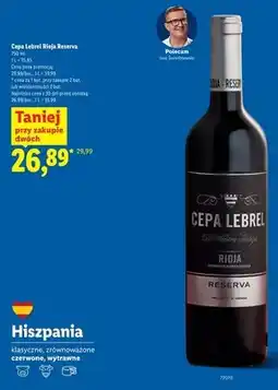 Lidl Wino czerwone wytrawne Cepa Lebrel Rioja Reserva oferta