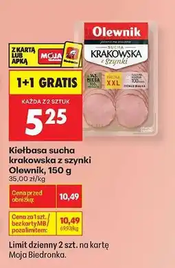 Biedronka Kiełbasa sucha krakowska z szynki Olewnik 150 g oferta