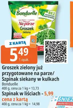 E.Leclerc Groszek zielony już przygotowane na parze/Szpinak siekany w kulkach/Szpinak w liściach Bonduelle oferta