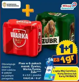 Carrefour Piwa w 6-pakach marek: Żywiec, Warka, Tyskie, Żubr oferta