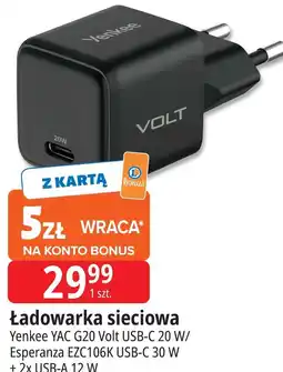 E.Leclerc Ładowarka sieciowa Yenkee YAC G20 Volt USB-C 20 W/ Esperanza EZC106K USB-C 30 W + 2x USB-A 12 W oferta