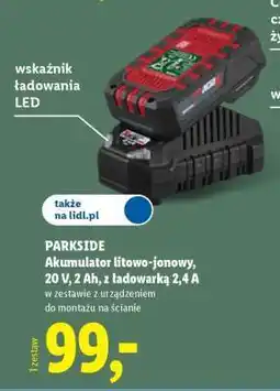 Lidl PARKSIDE Akumulator litowo-jonowy 20 V, 2 Ah z ładowarką 2,4 A oferta