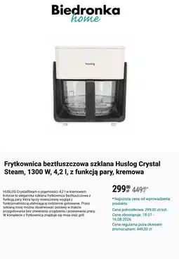 Biedronka Frytkownica beztłuszczowa szklana Huslog Crystal Steam, 1300 W, 4,2 l, z funkcją pary, kremowa oferta
