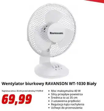 Wentylator biurkowy Ravanson WT-1030 Biały
