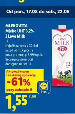 Lidl Mleko UHT Mlekovita I Love Milk 3,2% oferta