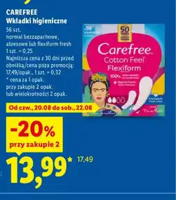 Lidl Wkładki higieniczne Carefree Cotton Feel Flexiform Normal Bezzapachowe oferta