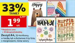 Auchan Zeszyt A4, 32-kartkowy, w kratkę lub w kolorowe trzy linie, z marginesami, różne wzory oferta