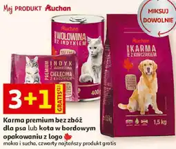 Auchan Karma premium bez zbóż dla psa lub kota w bordowym opakowaniu z logo Auchan oferta