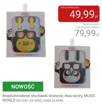 Bezprzewodowe słuchawki douszne, dwa wzory, MUSIC WORLD