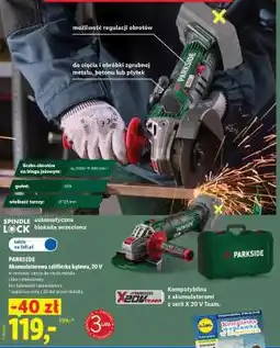 Lidl Parkside Akumulatorowa szlifierka kątowa 20 V oferta