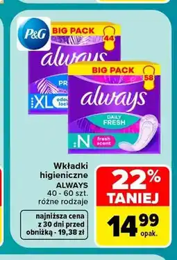 Carrefour Wkładki higieniczne Always Daily Fresh Extra Protect XL oferta