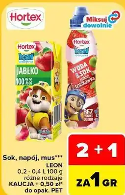 Carrefour Sok, napój, mus Hortex Leon różne rodzaje oferta