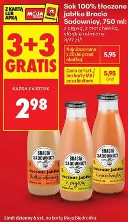 Biedronka Sok 100% tłoczony jabłko Bracia Sadownicy oferta