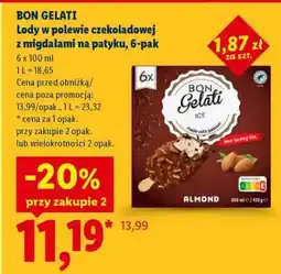 Lidl BON GELATI Lody w polewie czekoladowej z migdałami na patyku, 6-pak oferta