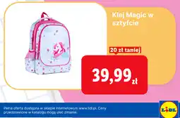 Lidl Plecak szkolny z jednorożcem (oznaczony jako Klej Magic w sztyfcie) oferta