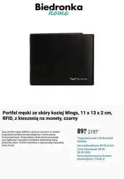 Biedronka Portfel męski ze skóry koziej Wings, 11 x 13 x 2 cm, RFID, z kieszenią na monety, czarny oferta