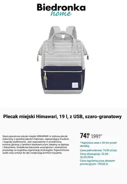 Biedronka Plecak miejski Himawari, 19 l, z USB, szaro-granatowy oferta