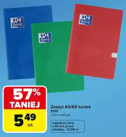 Carrefour Zeszyt A5/60 kartek Esse Oxford oferta