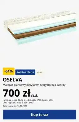 JYSK Materac piankowy OSELVA 80x200 cm szary bardzo twardy oferta