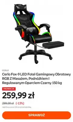 Empik Cerlo Fox-9 LED fotel gamingowy obrotowy RGB z masażem, podnóżkiem i regulowanym oparciem czarny oferta