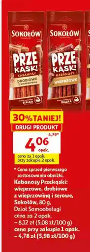 Auchan Kabanosy Przekąski: wieprzowe, drobiowe z wieprzowiną i serowe, Sokołów oferta