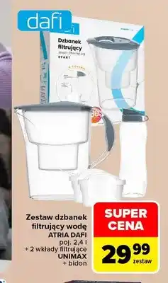 Carrefour Zestaw dzbanek filtrujący wodę Atria Dafi poj. 2,4 l + 2 wkłady filtrujące Unimax + bidon oferta