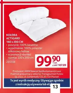 Selgros Kołdra Actigard 160x200 cm oferta