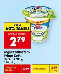 Biedronka Jogurt naturalny Primo Zott, 370 g + 30 g oferta