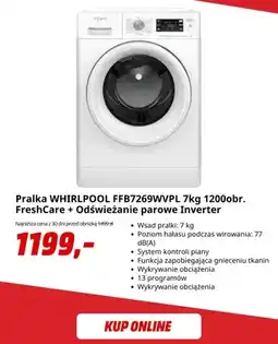 Media Markt Pralka Whirlpool FFB7269WVPL 7 kg 1200obr. FreshCare + odświeżanie parowe Inverter oferta