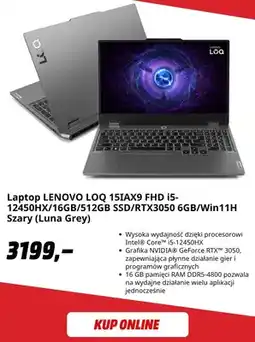 Media Markt Laptop Lenovo Loq 15IAX9 Fhd i5-12450HX/16GB/512GB SSD/RTX3050 6GB/Win11H szary (Luna Grey) oferta