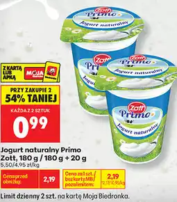 Biedronka Jogurt naturalny Primo Zott, 180 g / 180 g + 20 g oferta