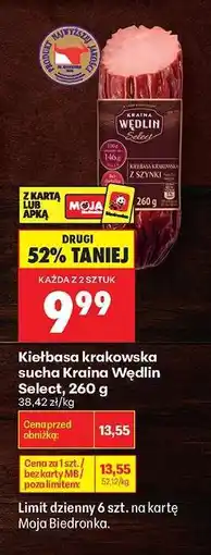 Biedronka Kiełbasa krakowska sucha Kraina Wędlin Select, 260 g oferta
