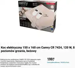 Biedronka Koc elektryczny 150 x 160 cm Camry CR 7424, 120 W, 8 poziomów grzania, beżowy oferta