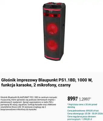 Głośnik imprezowy Blaupunkt PS1.1BD, 1000 W, funkcja karaoke, 2 mikrofony, czarny