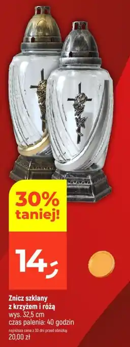 Znicz szklany z krzyżem i różą