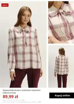 Greenpoint Stylowa biała bluzka z ozdobnym wiązaniem nadruk w kratę Greenpoint oferta