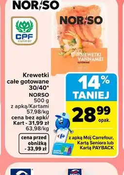 Carrefour Krewetki całe gotowane Vannamei NORSO oferta