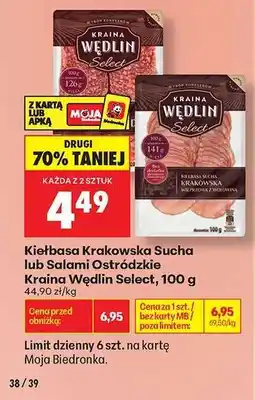 Biedronka Kiełbasa Krakowska Sucha lub Salami Ostródzkie Kraina Wędlin Select , 100 g oferta
