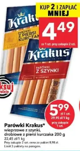 Lewiatan Parówki Krakus* wieprzowe z szynki, drobiowe z piersi kurczaka oferta