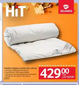 Selgros Kołdra z wełną z alpaki 220x200 cm oferta