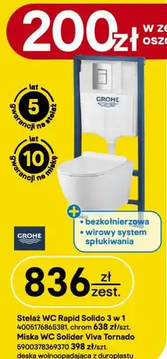 Castorama Zestaw WC: Stelaż WC Rapid Solido 3 w 1 GROHE, Miska WC Solider Viva Tornado oferta