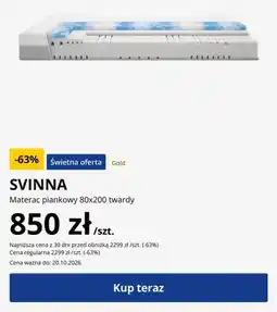 JYSK Materac piankowy Svinna 80x200 twardy oferta