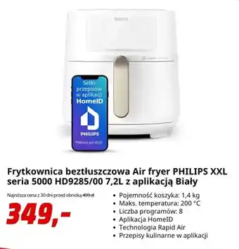 Frytkownica beztłuszczowa Philips Xxl seria 5000 HD9285/00 7,2 l z aplikacją biały
