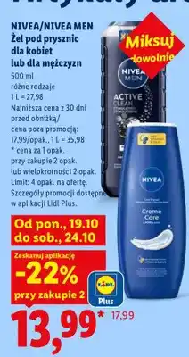 Lidl Żel pod prysznic dla kobiet lub dla mężczyzn Nivea oferta