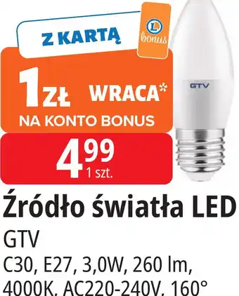 Źródło światła LED GTV C30, E27, 3,0W, 260 lm, 4000K, AC220-240V, 160°
