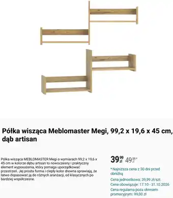 Półka wisząca Meblomaster Megi, 99,2 x 19,6 x 45 cm, dąb artisan