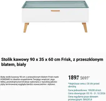 Stolik kawowy 90 x 35 x 60 cm Frisk, z przeszklonym blatem, biały KONSIMO