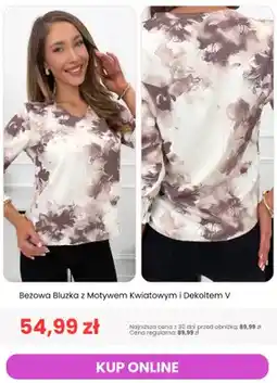 Modna Kiecka Beżowa bluzka z motywem kwiatowym i dekoltem V oferta