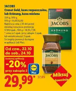 Lidl JACOBS Cronat Gold, kawa rozpuszczalna, lub Krönung, kawa mielona oferta